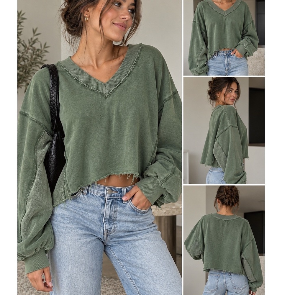 Aerie Womens Large Green V-Neck Oversized Cropped Raw Hem Sweatshirt Terry